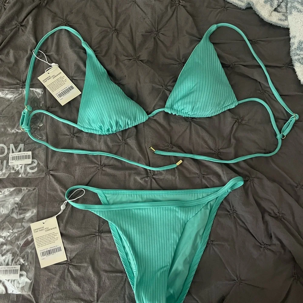 Monday Swimwear Ribbed Teal Triangle Bikini Set
